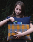 kangaroo pillow grey and gold plaid flannel