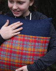 kangaroo pillow grey, red and gold plaid flannel