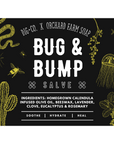 A digitally created black label of the Bug & Bump Salve. The label lists the ingredients to the salve and features a snake, a jellyfish, a variety of insects, and a cactus.