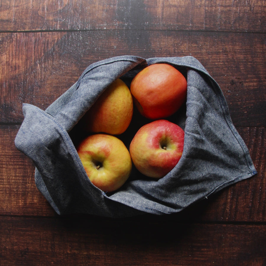 denim linen bento bag with apples