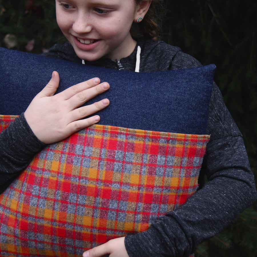 kangaroo pillow grey, red and gold plaid flannel
