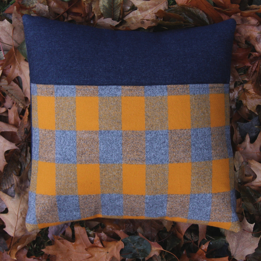 kangaroo pillow grey and gold plaid flannel