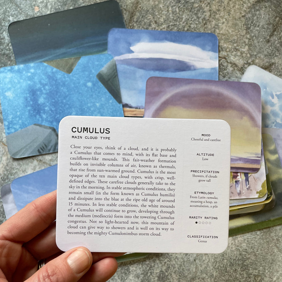 The cumulus cloud displayed from the cloud spotter card deck. 