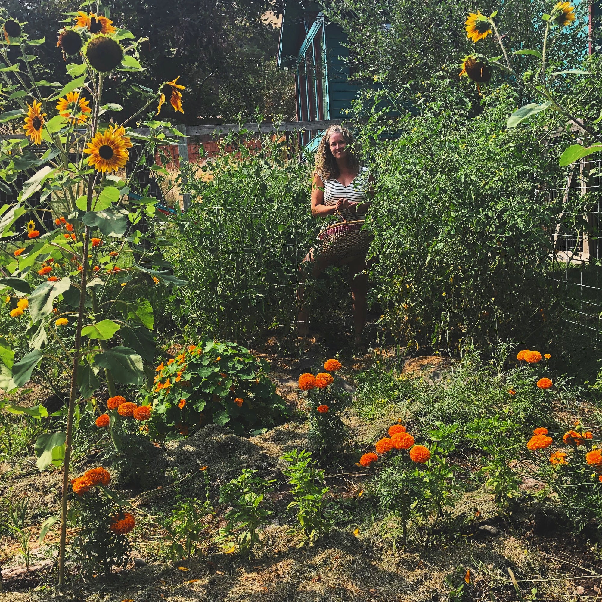 Nici Holt Cline with chicken in her garden