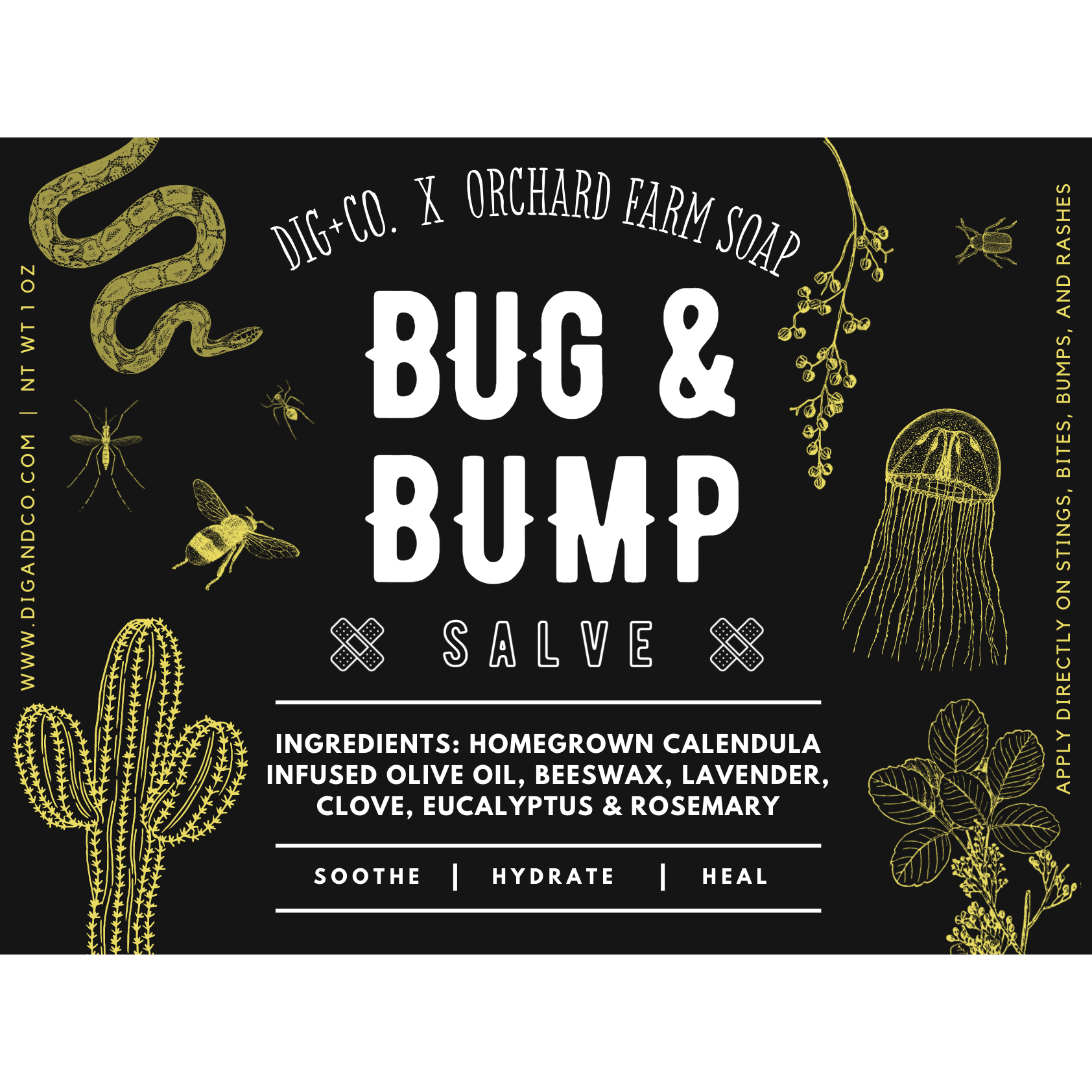 A digitally created black label of the Bug & Bump Salve. The label lists the ingredients to the salve and features a snake, a jellyfish, a variety of insects, and a cactus. 