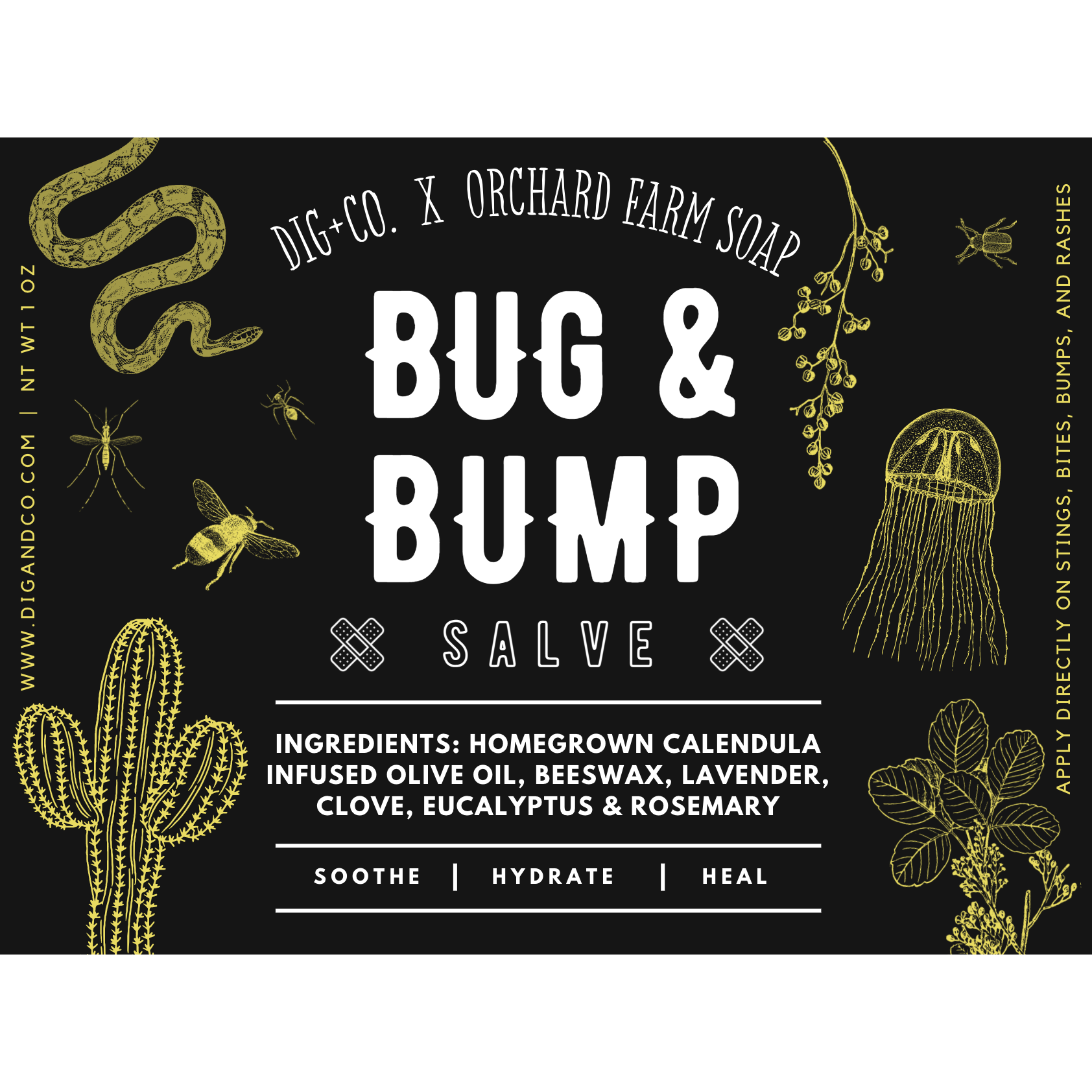 A digitally created black label of the Bug &amp; Bump Salve. The label lists the ingredients to the salve and features a snake, a jellyfish, a variety of insects, and a cactus. 