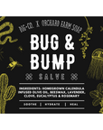 A digitally created black label of the Bug & Bump Salve. The label lists the ingredients to the salve and features a snake, a jellyfish, a variety of insects, and a cactus. 