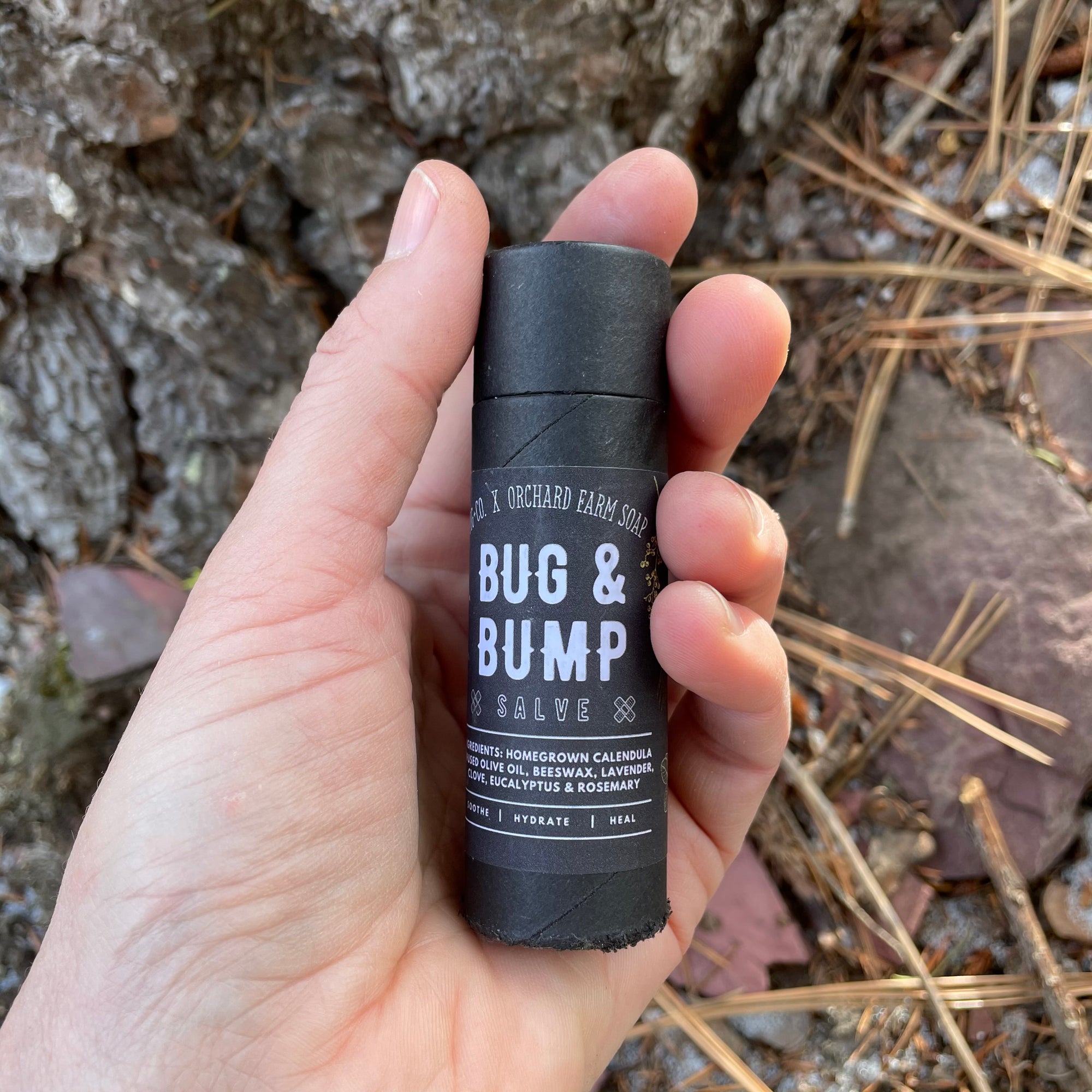 A hand holds a black tube of bug &amp; bump salve in front of gray rocks covered in pine needles. 