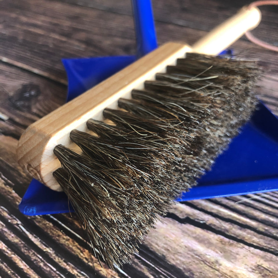 A blue dustpan and wooden brush made for a child are placed on a wooden surface. 
